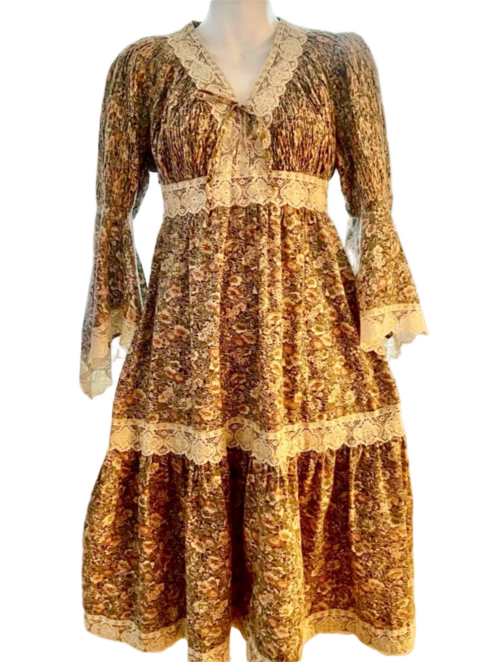 Candi Jones California 1970s Vintage FLORAL & LACE Cottagecore Bohemian Dress